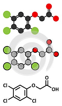 2,4,5-trichlorophenoxyacetic acid (2,4,5-T) herbicide molecule. Ingredient of Agent Orange. Stylized 2D renderings and