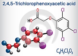 2,4,5-Trichlorophenoxyacetic acid 2,4,5-T molecule. Structural chemical formula and molecule model