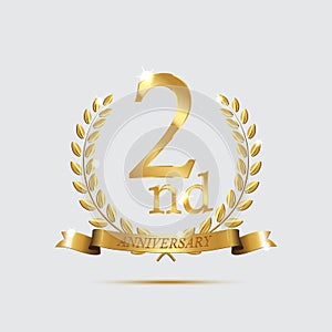 2 anniversary golden symbol. Golden laurel wreaths with ribbons and second anniversary year symbol on light background
