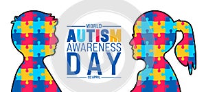 2 April world Autism awareness day boy and girl child colorful puzzle pattern banner design template.