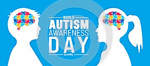 2 April world Autism awareness day boy and girl child head with colorful puzzle brain banner design template.