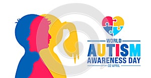 2 April world Autism awareness day boy and girl child head with puzzle piece love icon banner design template.