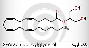 2-Arachidonoylglycerol, 2-AG molecule. It is an endocannabinoid, formed from omega-6 arachidonic acid and glycerol. Skeletal