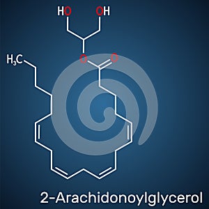 2-Arachidonoylglycerol, 2-AG molecule. It is an endocannabinoid, formed from omega-6 arachidonic acid and glycerol. Structural