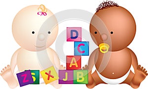 2 babies play with building blocks