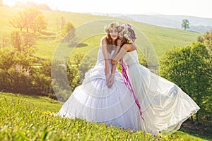 2 beautiful bride in the morning , the idyllic meadow , friendship symbol