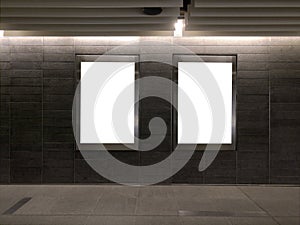 2 blank vertical advertising banners posters mockup in underground tunnel walkway out-of-home OOH media display space, lightbox