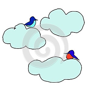 2 Blue Birds Sitting on Light Blue Clouds