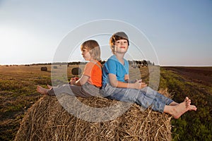 2 boys in a haystack in the field