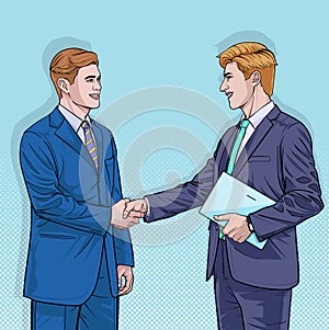 2 business people shake hands Illustration vector On pop art comics style Abstract dots background