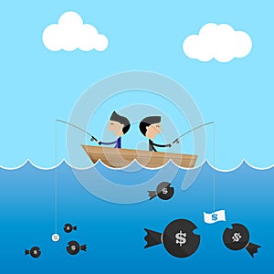 2 businessman in one boat use big and small dollar bait to catch