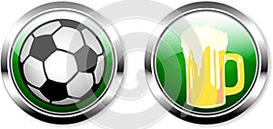 2 buttons,soccer ball and beer, great soccer event this year,soccer or public viewing web mock up,