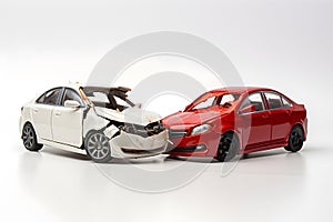 2 cars damaged in collision on white background