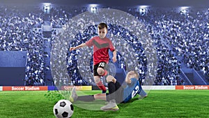 2 children football players in scrimmage for the ball on a stadium