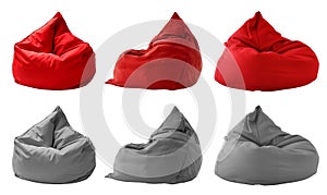 2 Collection set of red maroon grey gray plain beanbag bean bag seat chair, front side view on transparent cutout, PNG