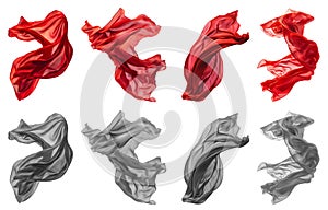 2 Collection set of red maroon grey gray silk satin cloth fabric floating flying in the air on transparent, PNG