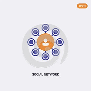 2 color Social network concept vector icon. isolated two color Social network vector sign symbol designed with blue and orange