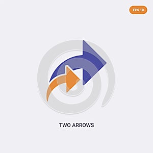 2 color two arrows concept vector icon. isolated two color two arrows vector sign symbol designed with blue and orange colors can