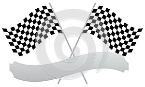 2 crossed racing flags with empty banner, plaque shape for texts