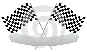 2 crossed racing flags with empty banner, plaque shape for texts