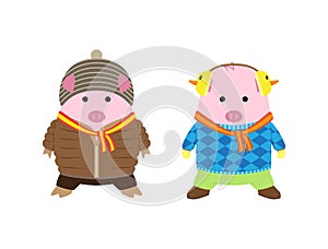 2 Cute Pigs in Winter Clothes. Cartoon Vector