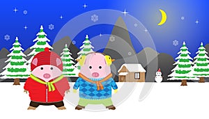 2 Cute Pigs Winter Night, Vector for Christmas and New Year Card