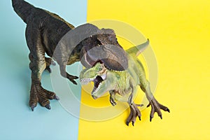 2 dinosaurs fighting on a yellow and blue background