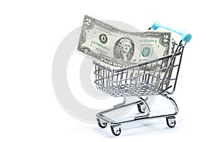 2 dollar banknote in a blue shopping cart isolated on a white background. Financial crisis. Lack of money. Digital banking.