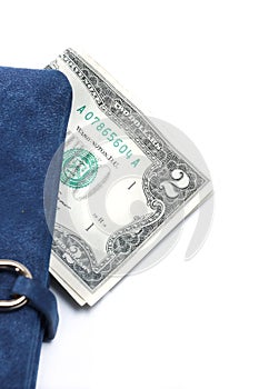 2 dollar banknote in a blue wallet isolated on a white background. Financial crisis. Lack of money. Digital banking.