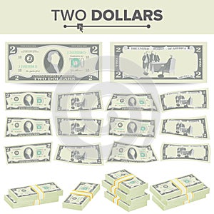 2 Dollars Banknote Vector. Cartoon US Currency. Two Sides Of Two American Money Bill Isolated Illustration. Cash Symbol