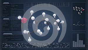 2-ethyl-1-hexanol molecule with description on the computer screen, 3d rendering