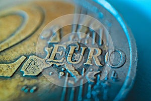 2 euro coin macro view. European currency, 2 euro close up.