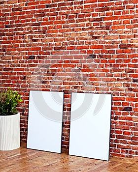 2 frame mockup on red brick wall with an indoor plant and wooden floor, interior 3d render