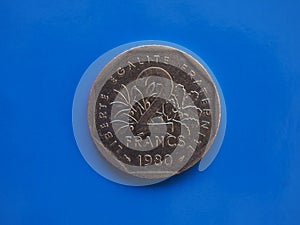 2 francs coin, France over blue