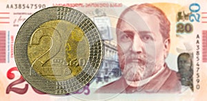 2 georgian lari coin against 20 georgian lari bank note