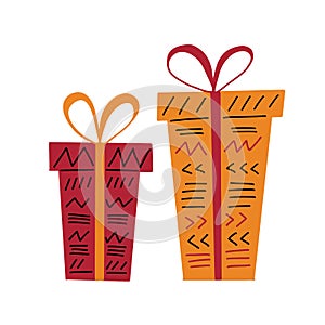 2 gift boxes in simple hand drawn style decorated with ribbon, bow, paper with tribal ethnic ornaments - lines