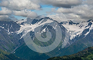 2 glaciers on top of mountains above Girdwood, Alaska, USA