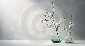 2 glass vases with cherry flowers in sunlight from window on gray wall, shadow on white floor for decoration, luxury cosmetic