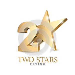 2 gold 3d star rating. Two star Symbol or emblem. vector