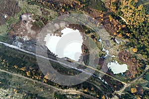 2 heart-shaped lakes. Lakes of the solfatara of Pomezia, Rome