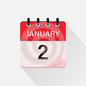 2 January. Calendar icon with shadow. Day, month. Flat vector illustration.