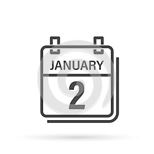 2 January. Calendar icon with shadow. Day, month. Flat vector illustration.