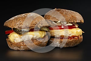 2 juicy burgers with vegetables and a large chicken cutlet in dark background ,fast food cheeseburgers