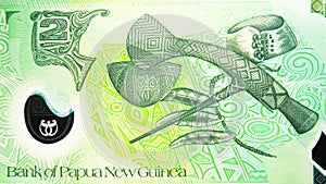 2 Kina polymer banknote, Bank of Papua New Guinea, closeup bill fragment shows an axe from the Mount Hagen volcano area
