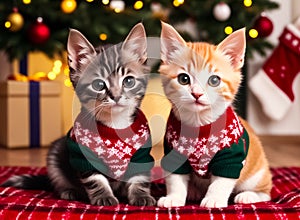 2 kittens in festive sweaters on a Christmas background. Generative AI