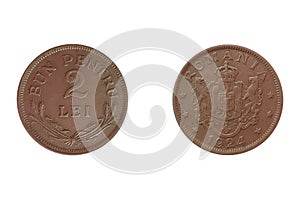 2 Lei 1924 Ferdinand I. Coin of Romania. Obverse. Reverse
