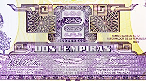 2 Lempiras banknote, Bank of Honduras, closeup bill fragment shows face value