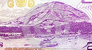 2 Lempiras banknote, Bank of Honduras, closeup bill fragment shows Tigre Island, Puerto de Amapala