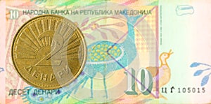 2 macedonian denar coin against 10 macedonian denar bank note