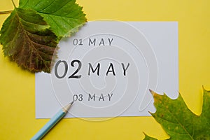 2 may day of month on a white sheet and the dates of the day earlier and later, written in simple pencil. Decoration with green